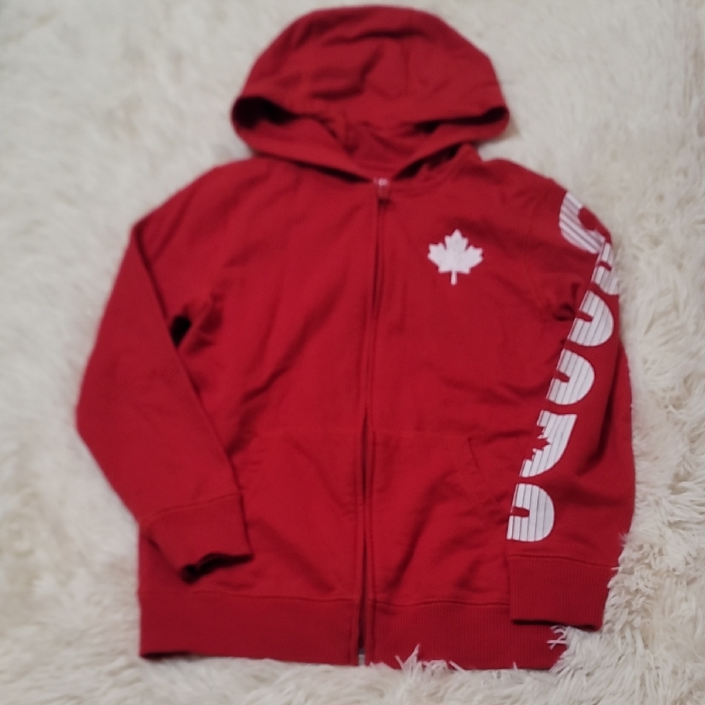 Joe Fresh, Red Hoodie with Maple Leaf and Canada Sleeve, Size 7, Medium, Unisex,